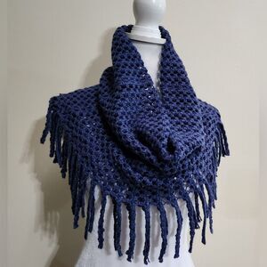 Navy Blue Crochet Fringed Scarf